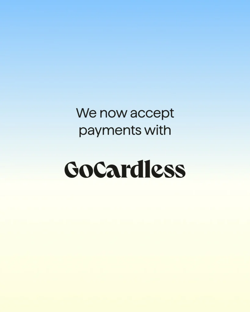 Pure Horizon notice stating that GoCardless payments are now accepted