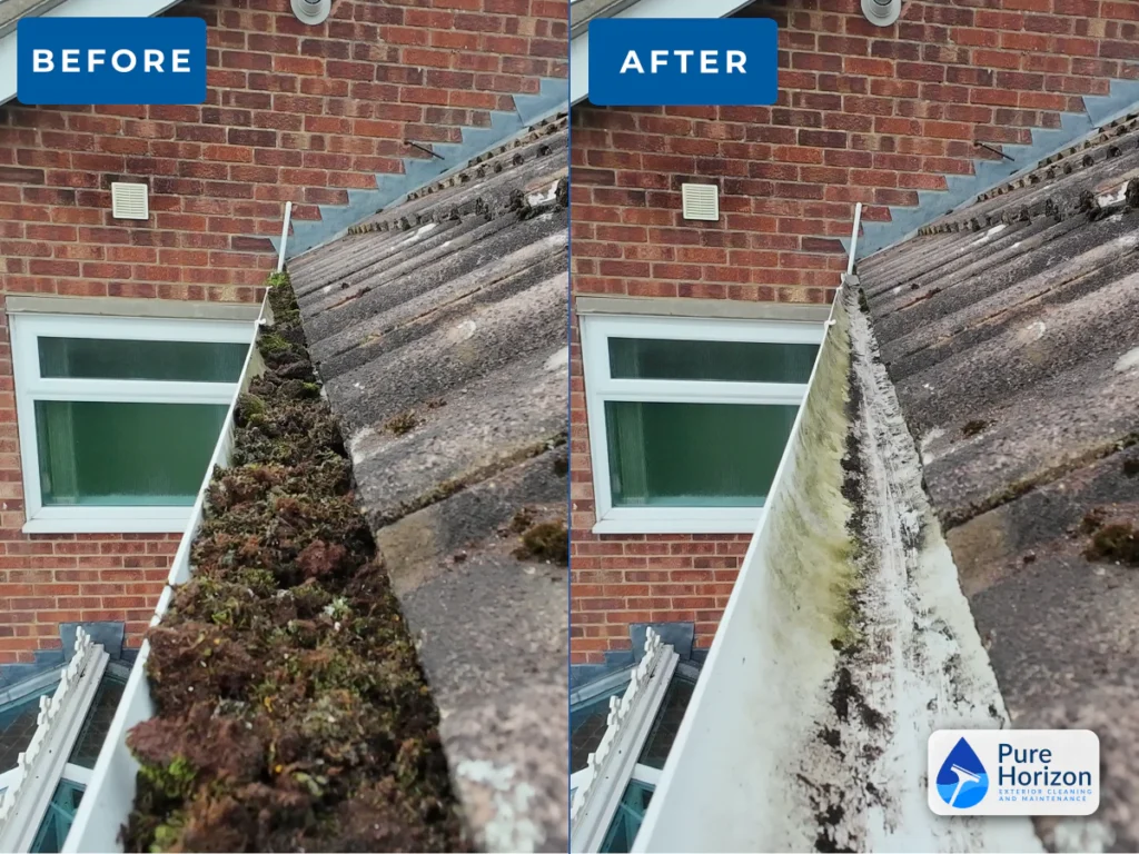 Before-and-after comparison showing a gutter blocked with moss and debris and the same gutter after professional clearing