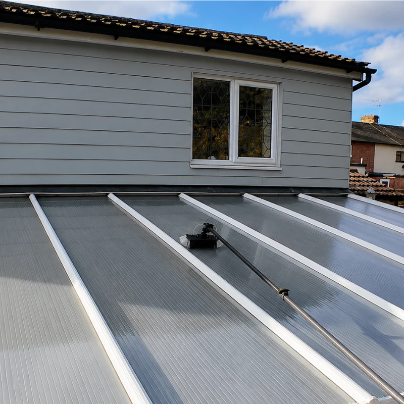 Conservatory roof being professionally cleaned using a water-fed brush