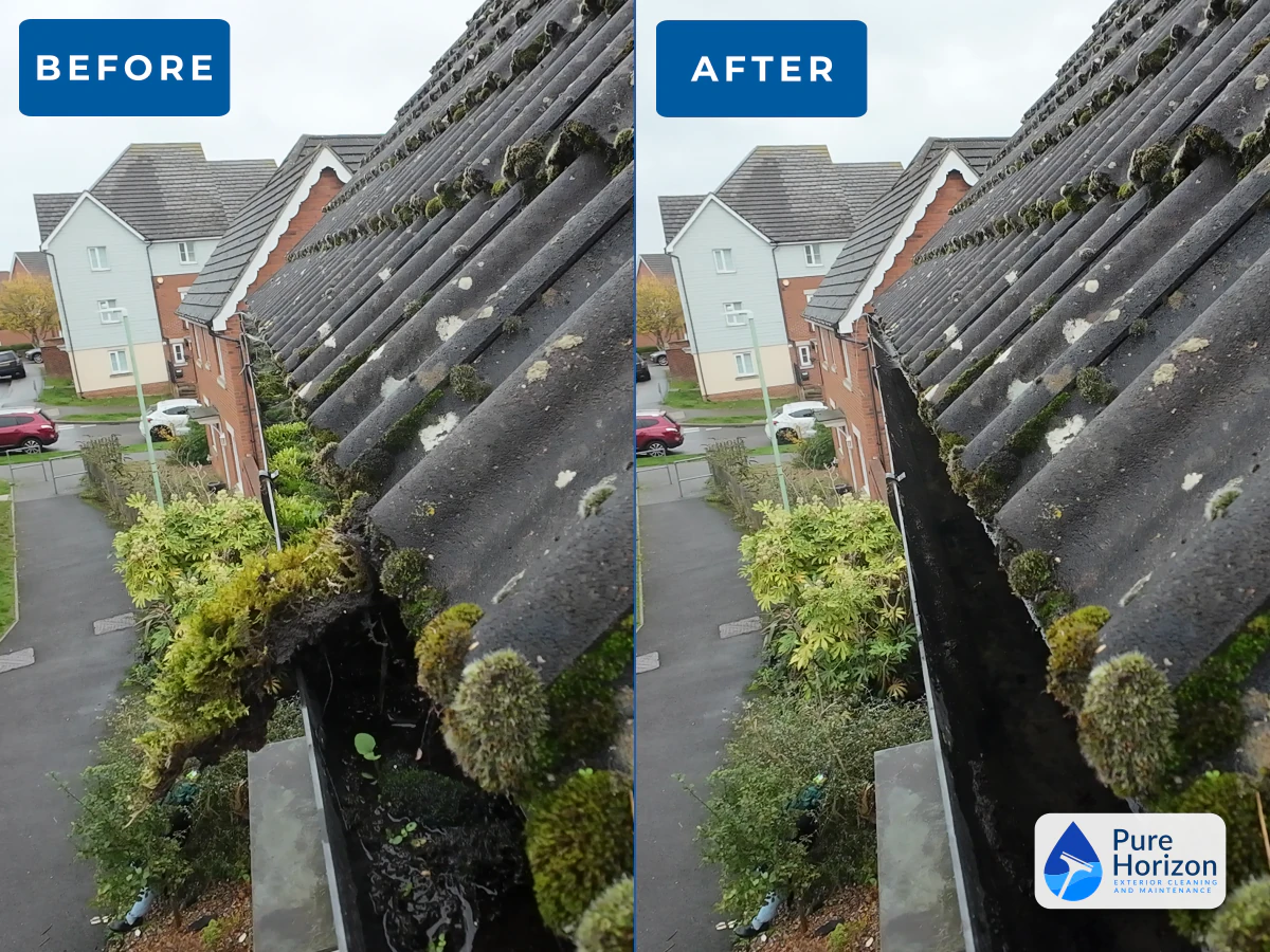 Before and after gutter clearing at a property in Stowmarket