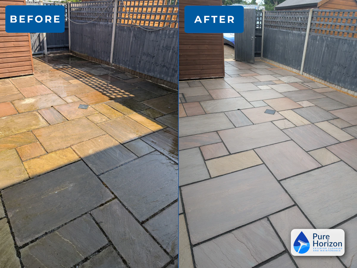 Before and after patio cleaning, repointing and sealing at a property in Stowmarket