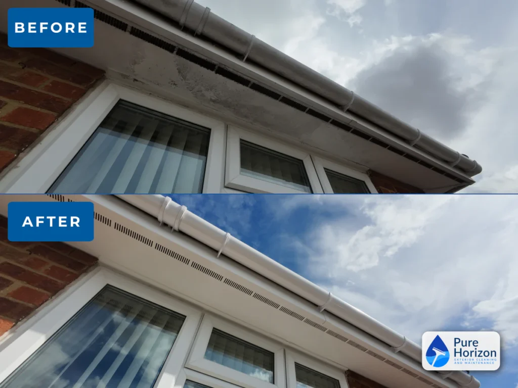 Before-and-after view of fascia, soffit and external gutter cleaning at a Stowmarket home