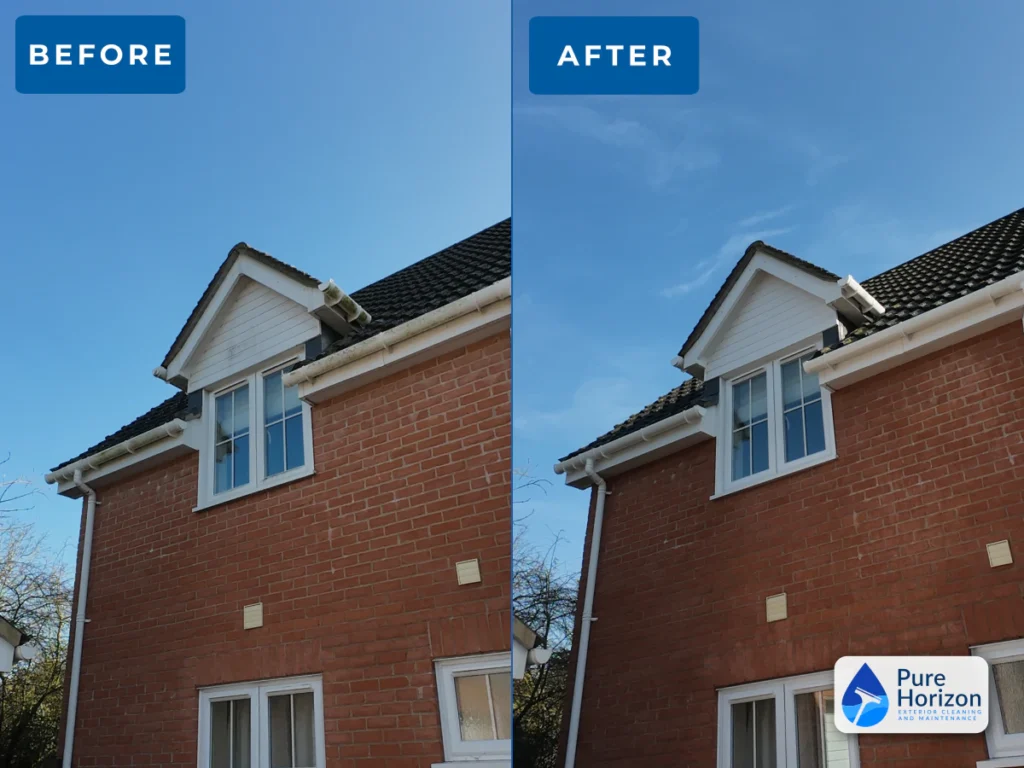 Before and after fascia, soffit and external gutter cleaning on a house in Stowmarket