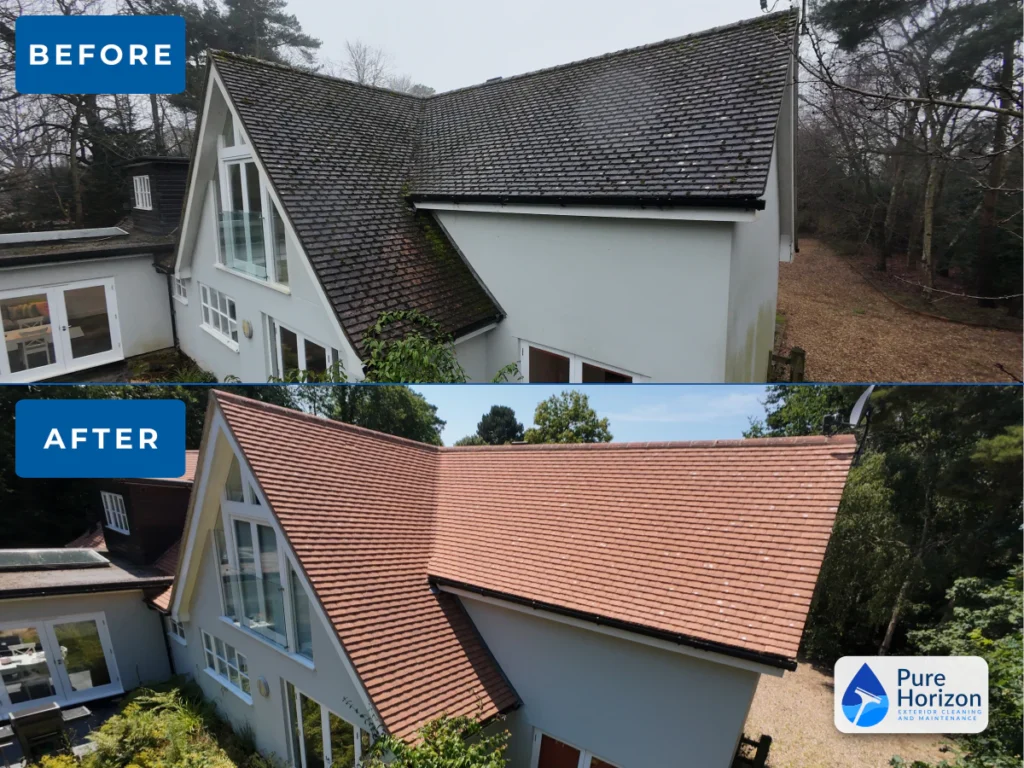 Tiled roof before and after professional moss removal and biocide treatment